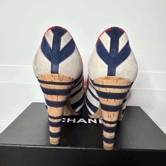 CHANEL - Chanel Multicolor Suede CC
Striped Cork Heel Pumps - Size 38 - Picture 6 of 8